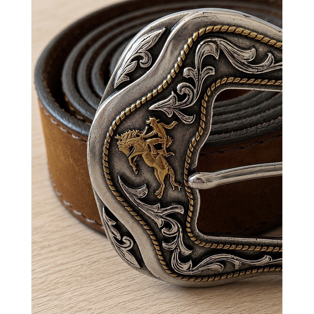 Justin Top Grain Leather Western Belt Size 44 Brown Cowboy Rodeo Buckle USA - Picture 3 of 6